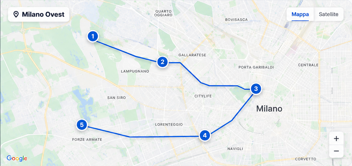 Milano Ovest: sequenza illustrativa del giro da 1 a 5, senza ottimizzazione automatica